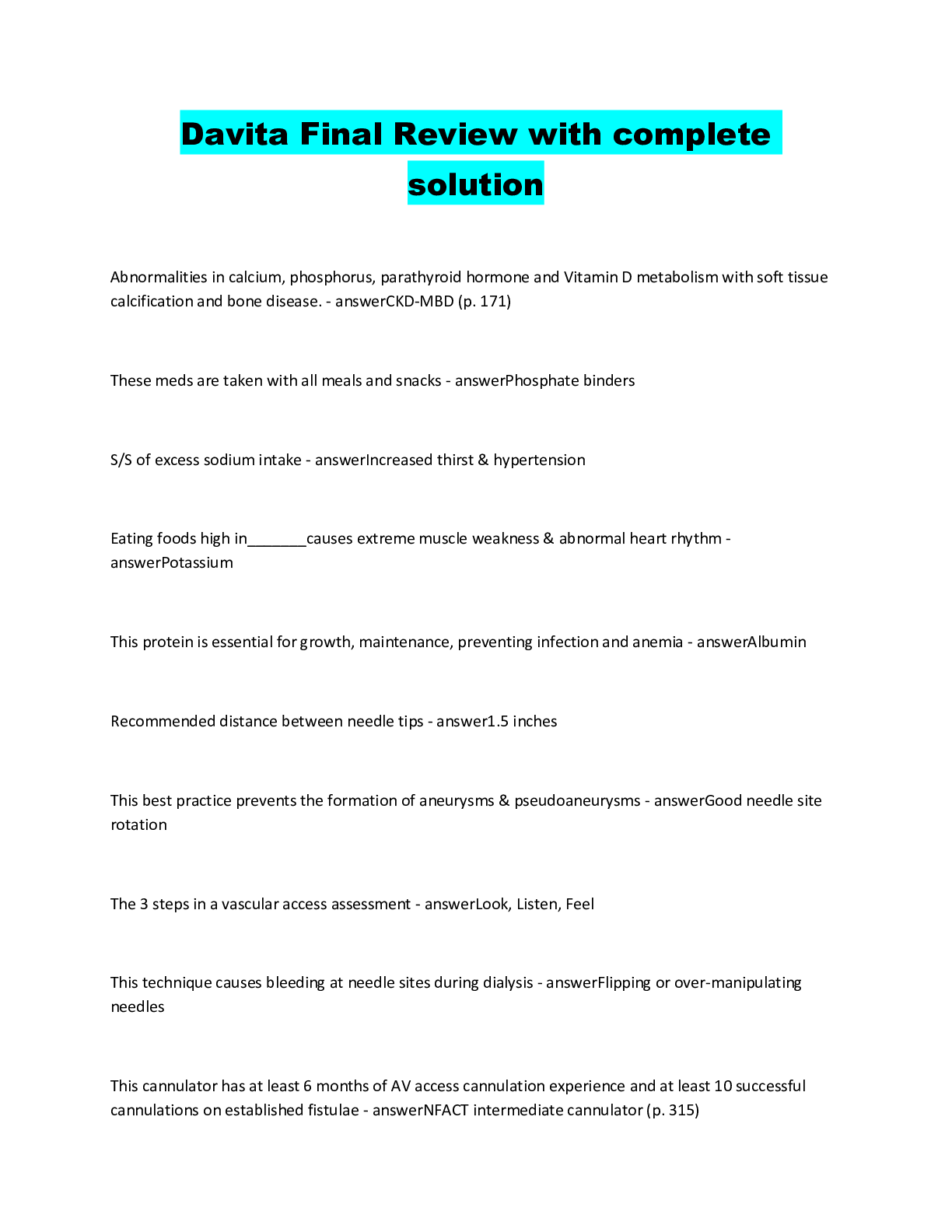 PCT test Davita (Study Guide) complete A+ guide, updated fall 2021/2022